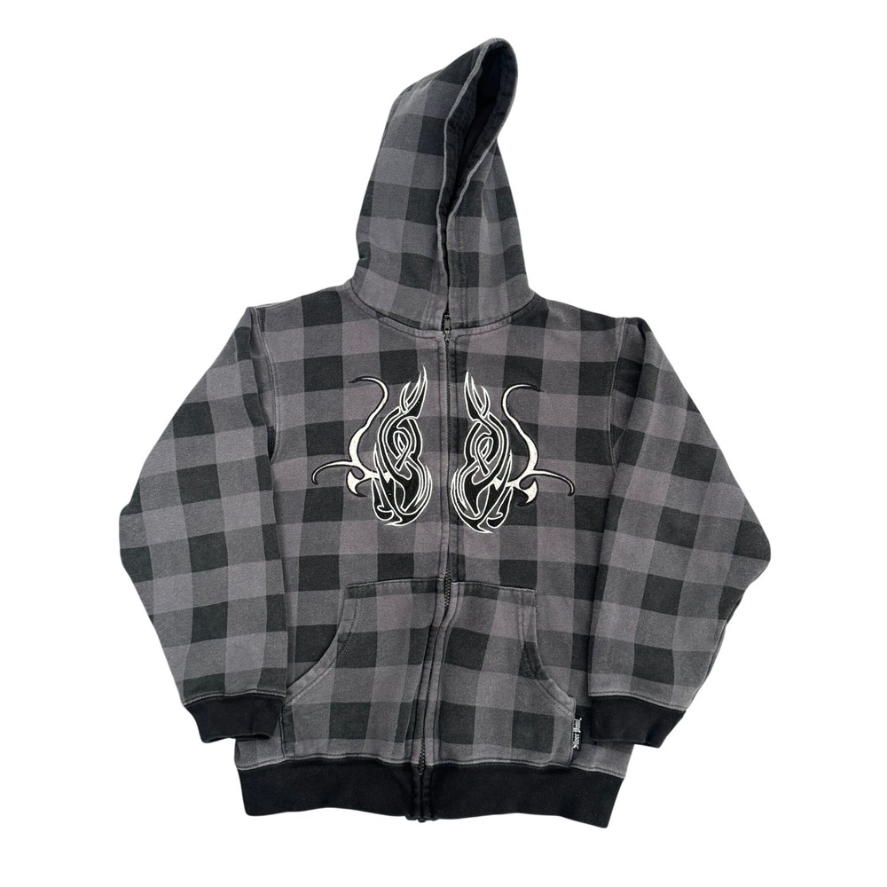 Vintage Y2K Silver Point Boys Gray Black Buffalo Plaid Tribal Zip Hoodie Size M